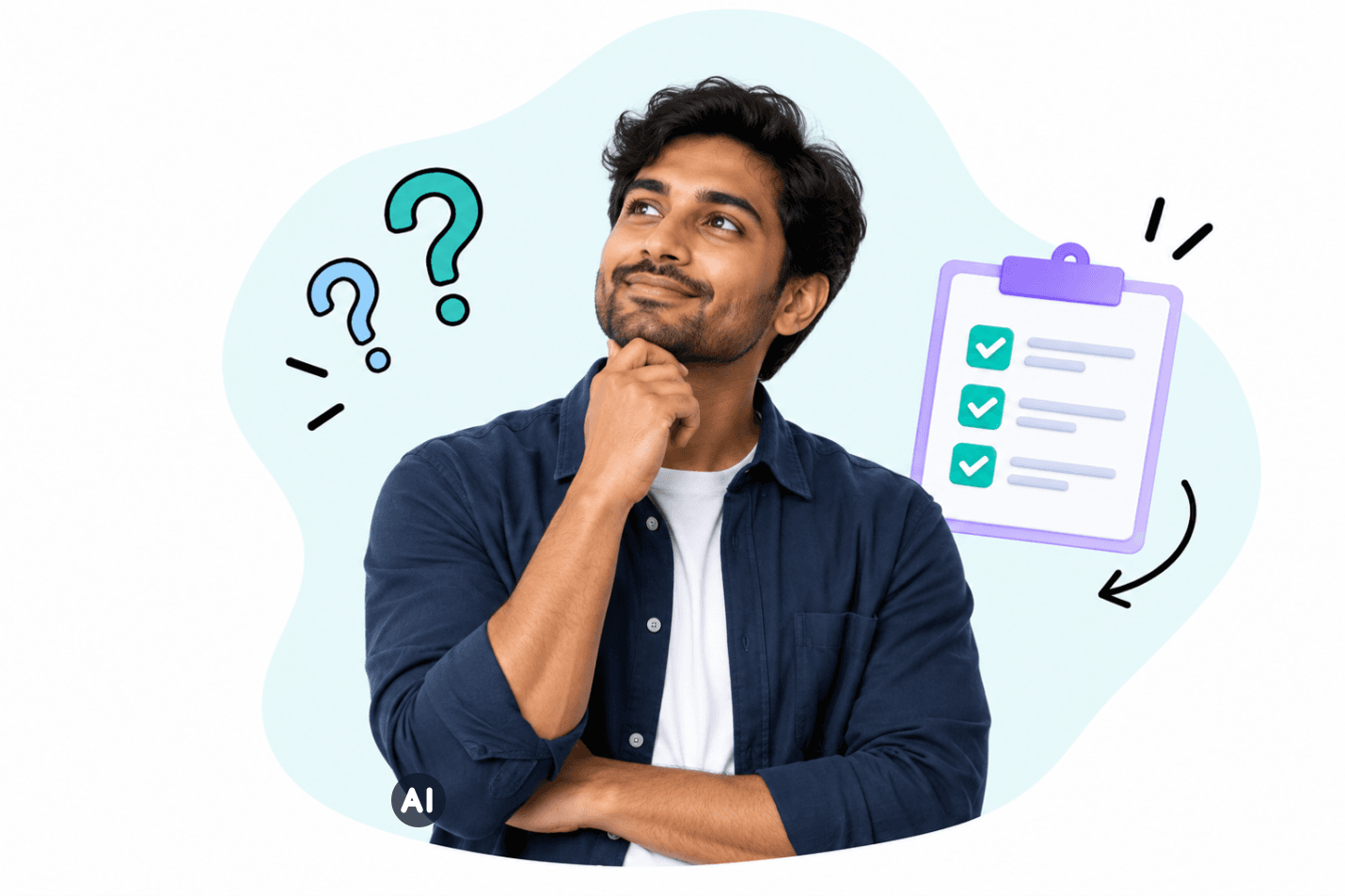 Nachdenklicher Mann mit Fragezeichen und Checkliste (KI-generiert)