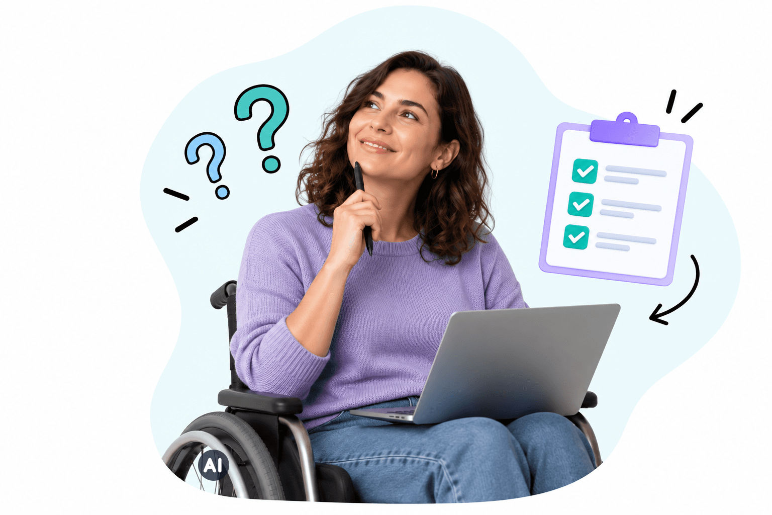 Nachdenkliche Frau im Rollstuhl mit Laptop, Fragezeichen und Checkliste (KI-generiert)