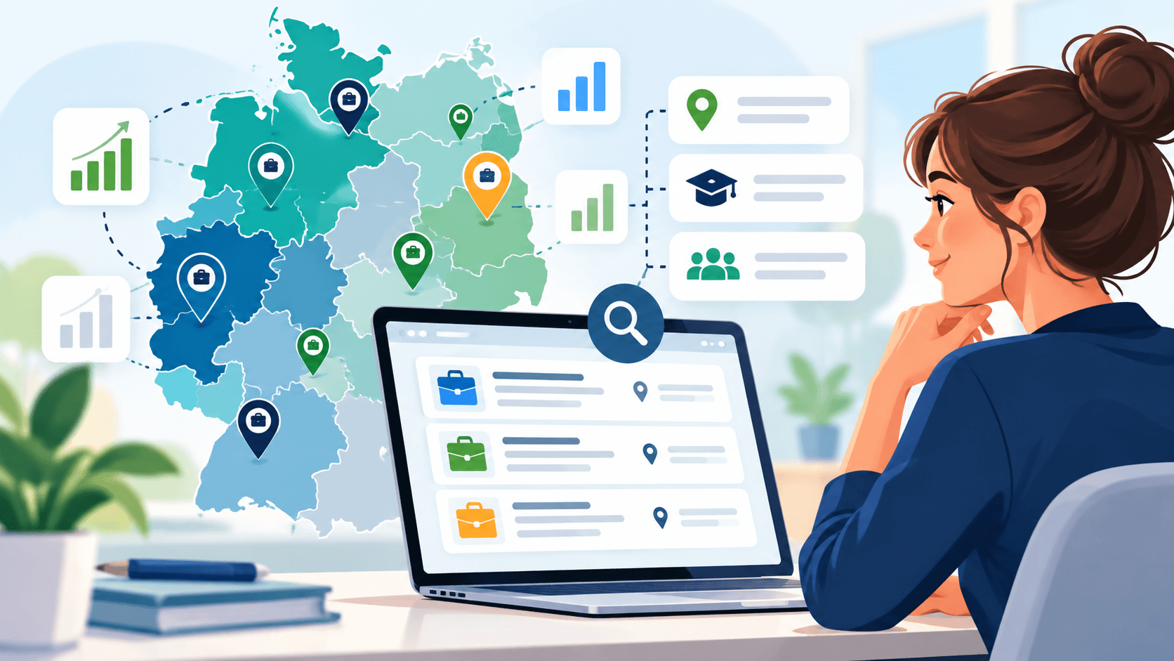 Illustration einer Frau, die am Laptop Stellenangebote und eine Deutschlandkarte mit Standort-Markierungen ansieht