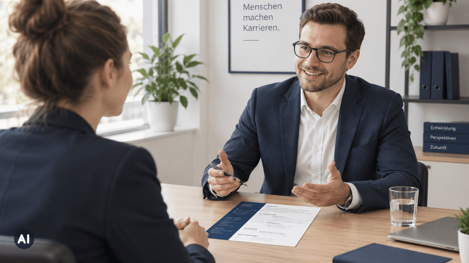 Zwei Personen im Bewerbungsgespräch am Schreibtisch (KI-generiert)