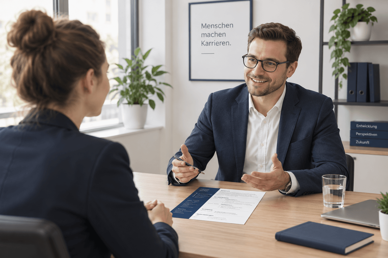 Zwei Personen im Bewerbungsgespräch am Schreibtisch