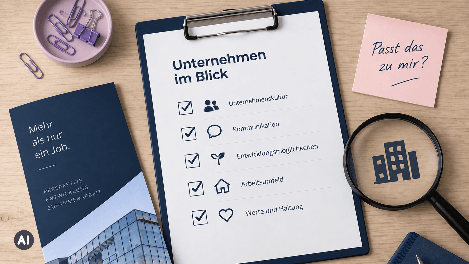 Checkliste zur Arbeitgeberwahl mit den Kriterien Unternehmenskultur, Kommunikation, Entwicklungsmöglichkeiten, Arbeitsumfeld und Werte (KI-generiert)
