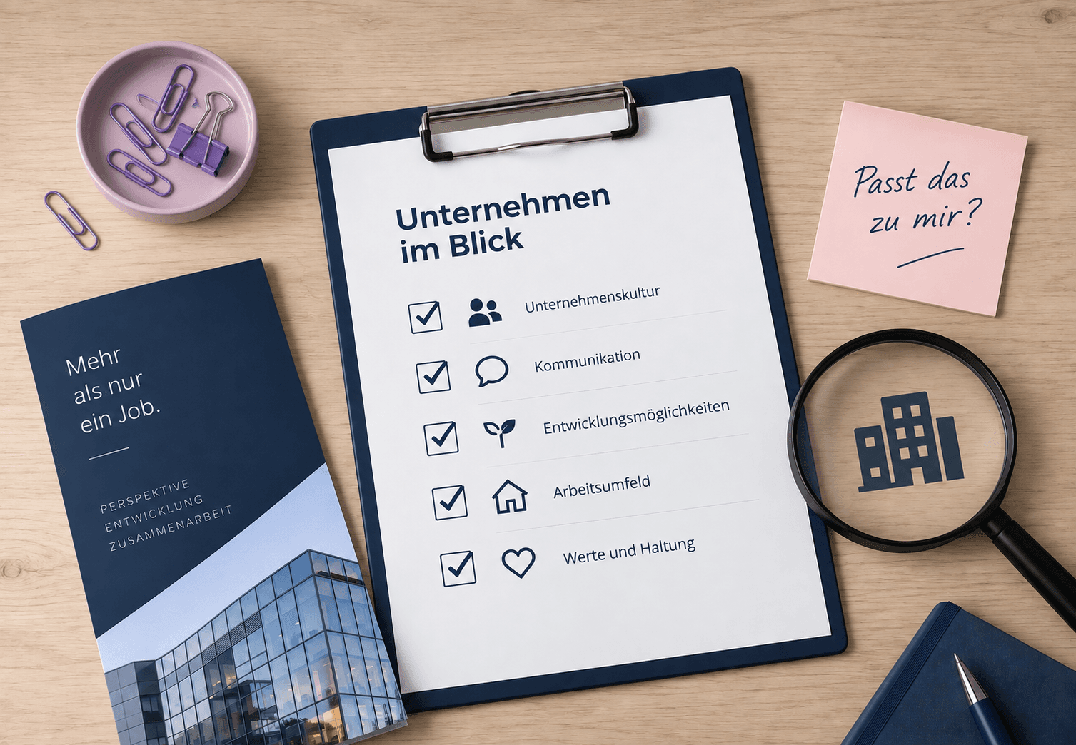 Checkliste zur Arbeitgeberwahl mit den Kriterien Unternehmenskultur, Kommunikation, Entwicklungsmöglichkeiten, Arbeitsumfeld und Werte