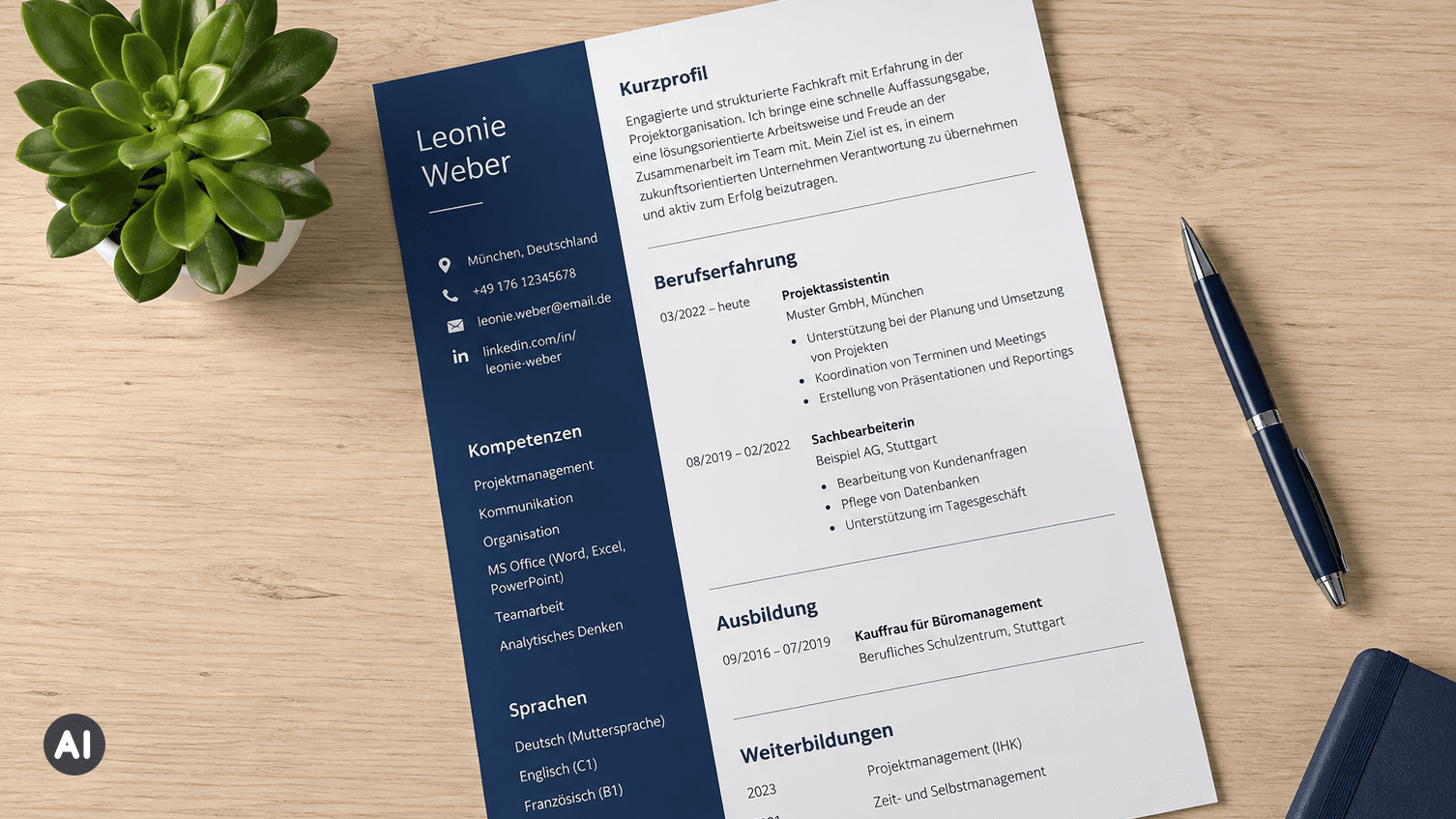 Übersichtlich gestalteter Lebenslauf auf einem Schreibtisch (KI-generiert)