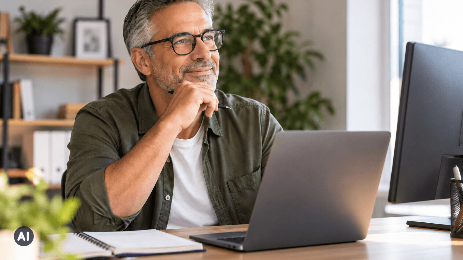 Lächelnder älterer Mann mit grauen Haaren sitzt nachdenklich am Schreibtisch vor einem aufgeklappten Laptop (KI-generiert)