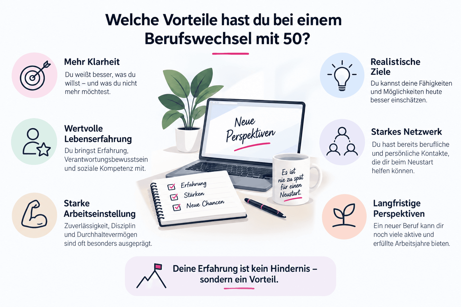 Infografik mit sechs Vorteilen für einen Berufswechsel mit 50: mehr Klarheit, wertvolle Lebenserfahrung, starke Arbeitseinstellung, realistische Ziele, starkes Netzwerk und langfristige Perspektiven