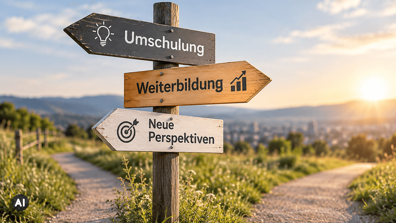 Wegweiser-Schild mit den Aufschriften Umschulung, Weiterbildung und Neue Perspektiven vor einer Landschaft bei Sonnenuntergang (KI-generiert)
