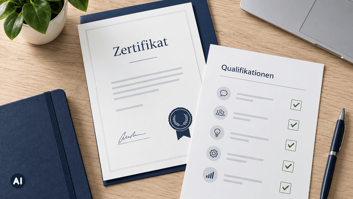Zertifikat und Qualifikationsübersicht auf einem Schreibtisch (KI-generiert)