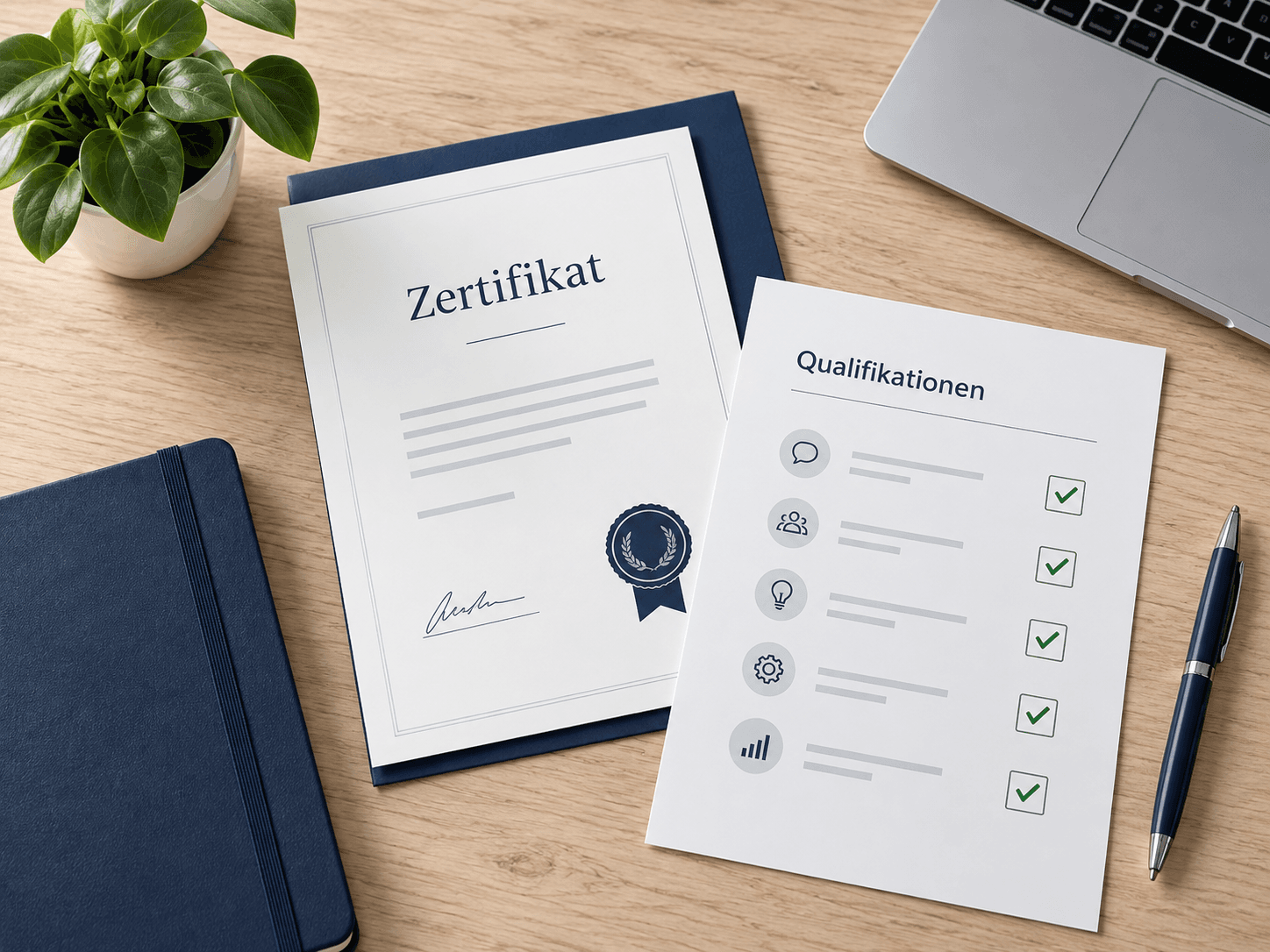 Zertifikat und Qualifikationsübersicht auf einem Schreibtisch