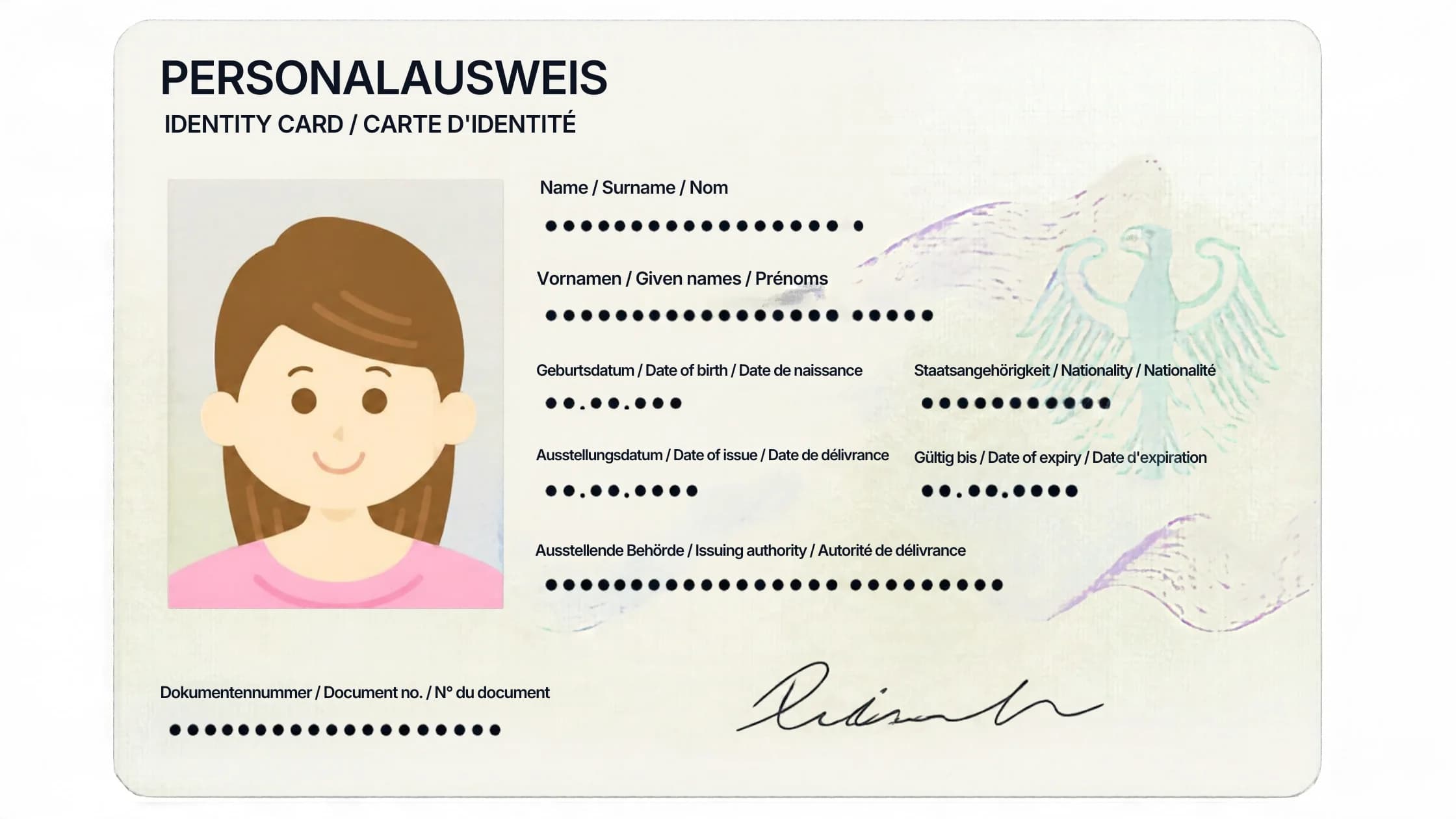 Illustration eines Personalausweises mit Foto einer Frau, die Angaben sind durch Punkte unkenntlich gemacht, als Hinweis auf den Ausweis, den du für die Arbeitslosmeldung brauchst