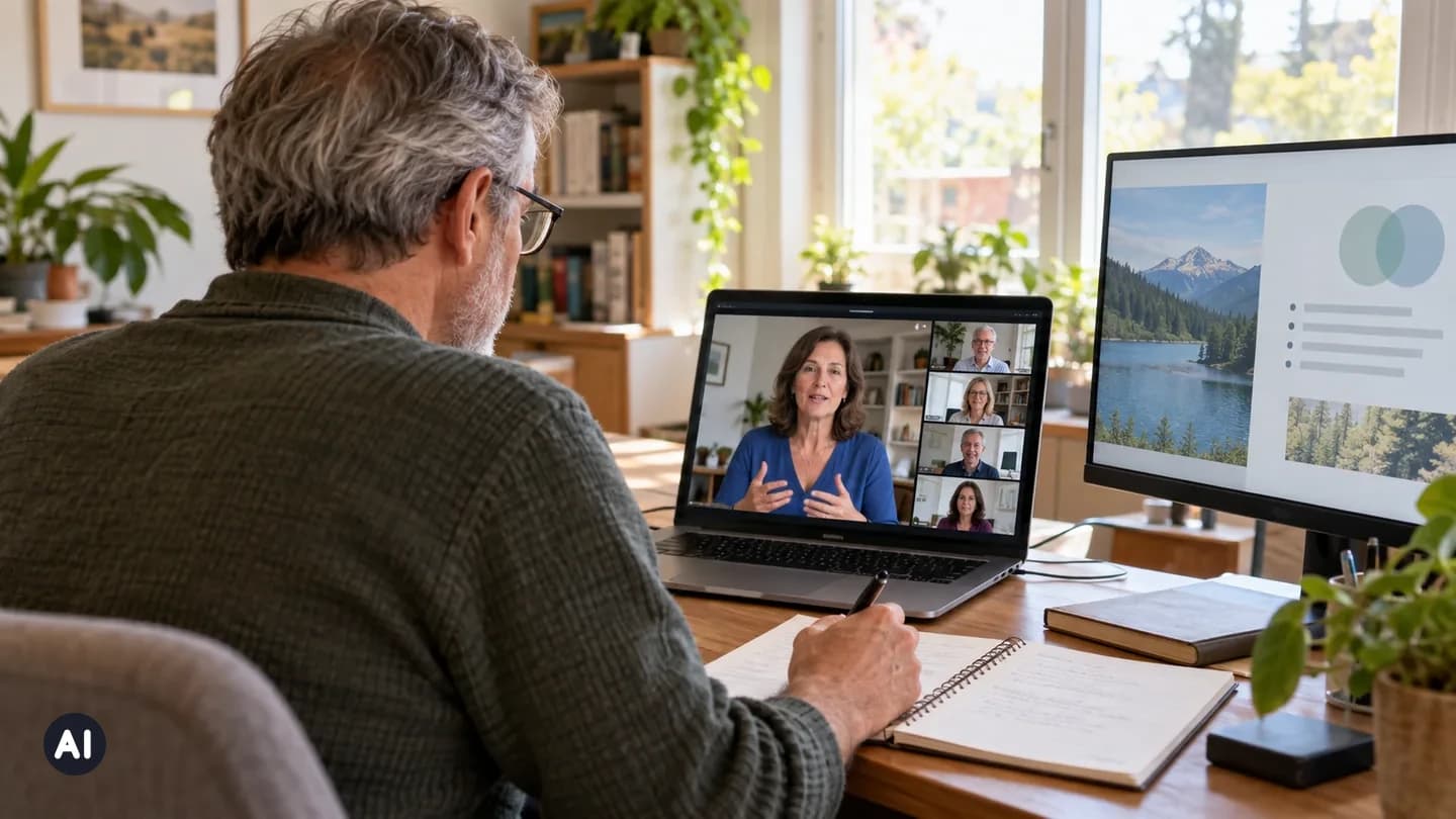 Ein Mann über 50 macht sich in einem hellen Homeoffice Notizen zu einem Online-Kurs (KI-generiert)