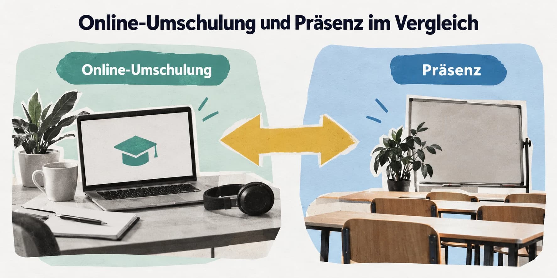 Grafik „Online-Umschulung und Präsenz im Vergleich“: Links steht ein Laptop mit Kopfhörern und Notizbuch am Schreibtisch für die Online-Umschulung, rechts ein Klassenraum mit Tischen, Stühlen und Tafel für die Präsenz, dazwischen ein Doppelpfeil.