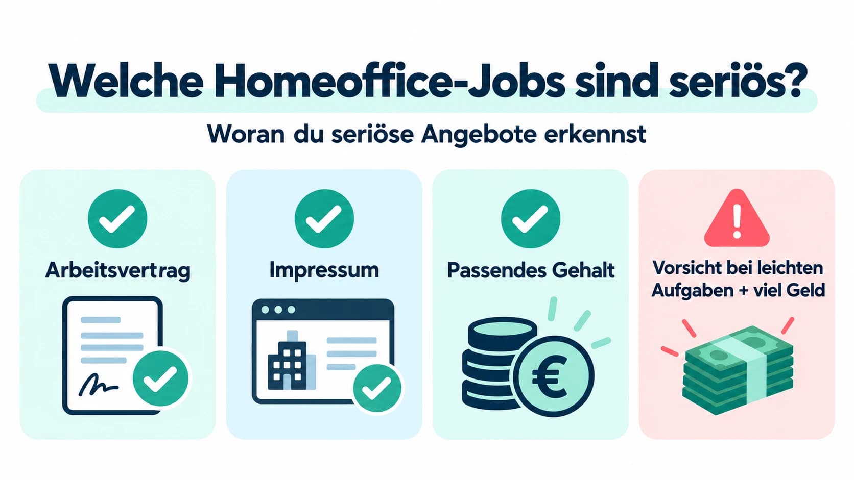 Grafik „Welche Homeoffice-Jobs sind seriös?“: Mit Häkchen markiert sind Arbeitsvertrag, Impressum und passendes Gehalt, mit einem Warnzeichen „Vorsicht bei leichten Aufgaben und viel Geld“.