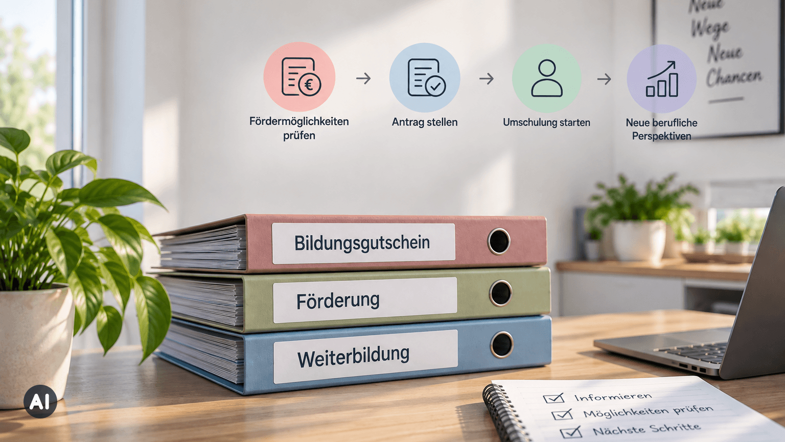 Infografik mit vier Schritten von der Prüfung der Fördermöglichkeiten bis zu neuen beruflichen Perspektiven, davor Ordner mit den Aufschriften Bildungsgutschein, Förderung und Weiterbildung (KI-generiert)